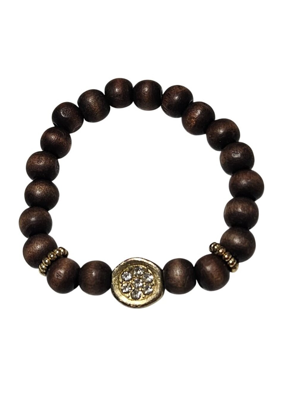 Boho Handcrafted Wooden Bead Bracelet Stretch Gold Tone Crystal Accent Jewelry